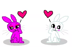 Size: 321x212 | Tagged: source needed, safe, artist:theinflater19, derpibooru import, angel bunny, oc, oc:rosie bunny, rabbit, canon x oc, female, happy, heart, implied shipping, implied straight, lidded eyes, looking at each other, male, raised eyebrow, raised leg, simple background, sitting, white background