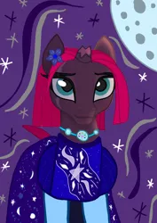 Size: 1000x1414 | Tagged: safe, artist:katya, derpibooru import, fizzlepop berrytwist, tempest shadow, pony, unicorn, broken horn, clothes, cute, dress, eye scar, female, full moon, gala dress, image, mane, mare, moon, night, png, pretty pretty tempest, scar, solo, tempestbetes, tomboy with a girly streak