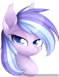 Size: 597x780 | Tagged: safe, artist:scarlet-spectrum, derpibooru import, oc, oc:glowing jade, unofficial characters only, bat pony, pony, art trade, bat pony oc, bust, digital art, female, hair over one eye, lidded eyes, looking at you, mare, portrait, signature, simple background, smiling, solo, transparent background