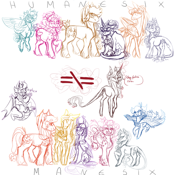 Size: 1500x1500 | Tagged: safe, artist:eqq_scremble, derpibooru import, applejack, fluttershy, pinkie pie, rainbow dash, rarity, spike, spike the regular dog, sunset shimmer, twilight sparkle, twilight sparkle (alicorn), ponified, alicorn, classical unicorn, dog, dragon, earth pony, pegasus, pony, unicorn, equestria girls, alternate design, alternate hairstyle, alternate universe, chest fluff, cloven hooves, crossed hooves, dragonified, equestria girls ponified, female, fire, fire breath, floppy ears, flying, frown, glare, glasses, grin, headcanon, heart, hoof fluff, humane five, humane seven, humane six, leonine tail, levitation, lidded eyes, looking at you, magic, mane seven, mane six, mare, one eye closed, open mouth, raised hoof, shoulder fluff, simple background, sitting, sketch, sketchy, smiling, smirk, species swap, spread wings, tail fluff, telekinesis, unshorn fetlocks, vulgar, waving, white background, wing fluff, winged spike, wings, wink