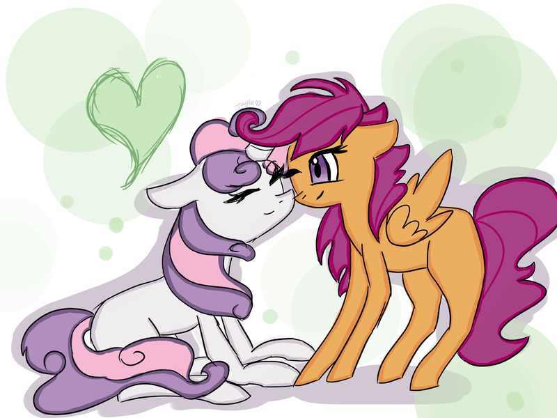 Size: 1600x1200 | Tagged: safe, artist:tinytayla, derpibooru import, scootaloo, sweetie belle, pegasus, pony, unicorn, abstract background, eyes closed, female, filly, heart, lesbian, older, one eye closed, scootabelle, shadow, shipping, smiling, wink