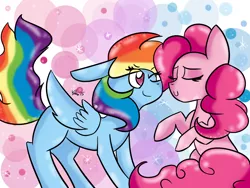 Size: 1600x1200 | Tagged: safe, artist:tinytayla, derpibooru import, pinkie pie, rainbow dash, earth pony, pegasus, pony, abstract background, cute, eyes closed, female, lesbian, mare, one eye closed, pinkiedash, shipping, smiling, wink