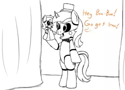 Size: 1400x1000 | Tagged: safe, artist:spritepony, derpibooru import, bon bon, lyra heartstrings, sweetie drops, pony, robot, robot pony, animatronic, bon bon (fnaf), bowtie, crossover, five nights at freddy's, funtime freddy, funtime lyra, hand puppet, hat, lineart, monochrome, partial color, sister location, sketch, speech, top hat