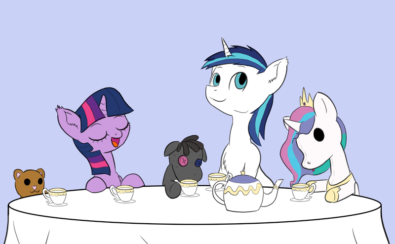 Size: 1782x1100 | Tagged: dead source, safe, artist:alloco, derpibooru import, princess celestia, shining armor, smarty pants, twilight sparkle, pony, unicorn, blue background, colt, cup, female, filly, filly twilight sparkle, male, plushie, simple background, tea party, teacup, teapot, younger