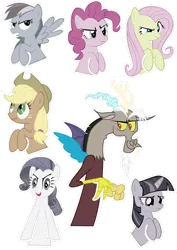 Size: 2067x2923 | Tagged: safe, artist:oceanbreezebrony, derpibooru import, applejack, discord, fluttershy, pinkie pie, rainbow dash, rarity, twilight sparkle, draconequus, earth pony, pegasus, pony, unicorn, discorded, discorded twilight, flutterbitch, greedity, liar face, liarjack, mane six, meanie pie, rainbow ditch, simple background, sticker, transparent background, unicorn twilight