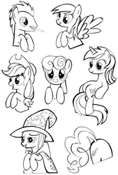 Size: 2303x3434 | Tagged: safe, artist:oceanbreezebrony, derpibooru import, applejack, bon bon, derpy hooves, doctor whooves, lyra heartstrings, pinkie pie, sweetie drops, time turner, pony, doctor who, meme, monochrome, plot, scrunchy face, simple background, sitting, sitting lyra, sonic screwdriver, sticker, transparent background