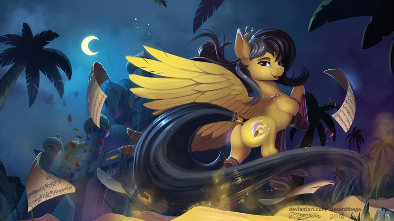 Size: 1920x1080 | Tagged: safe, artist:discordthege, derpibooru import, oc, oc:petal eclipse, unofficial characters only, pegasus, pony, :3, castle, commission, crescent moon, female, flying, looking at you, looking back, looking back at you, mare, moon, night, open mouth, palm tree, plot, scenery, scenery porn, solo, spread wings, tail wrap, tree, wings