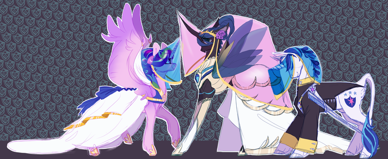 Size: 4625x1898 | Tagged: safe, artist:eqq_scremble, derpibooru import, princess cadance, queen chrysalis, shining armor, alicorn, changeling, changeling queen, pony, unicorn, eqqverse, alternate design, bisexual, bride, cadalis, chrysarmordance, clothes, dress, female, groom, leonine tail, lesbian, male, mare, marriage, ot3, polyamory, polygamy, shining chrysalis, shiningcadance, shipping, stallion, straight, veil, wedding, wedding dress