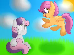 Size: 1600x1200 | Tagged: safe, artist:gypsycuddles, derpibooru import, scootaloo, sweetie belle, pony, 4:3, cloud, cute, female, filly, friendshipping, frown, grass, shadow, sitting, sky, smiling, sun