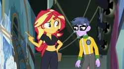 Size: 1536x864 | Tagged: suggestive, derpibooru import, edit, edited screencap, screencap, microchips, sunset shimmer, all the world's off stage, equestria girls, equestria girls series, belly button, breasts, cleavage, clothes, glasses, midriff, pants, pencil, stage