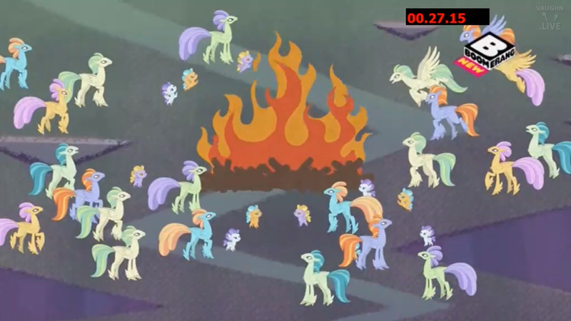 Size: 1280x720 | Tagged: background hippogriff, bonfire, boomerang (tv channel), classical hippogriff, clones, derpibooru import, fire, fledgeling, flying, hippogriff, jaffa cake (hippogriff), laguna, mount aris, safe, screencap, the hearth's warming club, three days of freedom, unnamed character