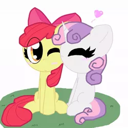 Size: 893x894 | Tagged: safe, artist:lola-rola, derpibooru import, apple bloom, sweetie belle, earth pony, pony, unicorn, blushing, cute, eyes closed, female, filly, grass, heart, kiss on the cheek, kissing, lesbian, one eye closed, shipping, simple background, sitting, smiling, sweetiebloom, wink