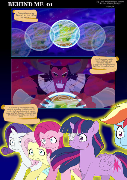 Size: 5784x8176 | Tagged: safe, artist:jeremy3, derpibooru import, fluttershy, lord tirek, pinkie pie, rainbow dash, rarity, twilight sparkle, twilight sparkle (alicorn), alicorn, centaur, earth pony, pegasus, pony, unicorn, comic:behind me, absurd resolution, alternate universe, comic, eyepatch, multiverse, planet, scar