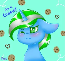 Size: 699x660 | Tagged: artist:pon pon, blue background, cookie, cute, derpibooru import, food, oc, oc:igames, safe, simple background, solo, unofficial characters only