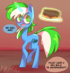 Size: 1920x1980 | Tagged: safe, artist:firefuckingfall, derpibooru import, oc, oc:igames, unofficial characters only, pony, unicorn, birthday, brazilian portuguese, cake, comic, food, glowing horn, magic, portuguese, solo, telekinesis