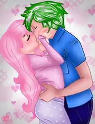 Size: 334x434 | Tagged: derpibooru import, fluttershy, heart, human, humanized, kissing, male, oc, oc:igames, safe, shipping