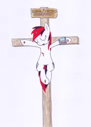 Size: 1713x2401 | Tagged: semi-grimdark, artist:1438, derpibooru import, oc, oc:blackjack, pony, unicorn, fallout equestria, fallout equestria: project horizons, blood, both cutie marks, cross, crucifixion, death, edgy, execution, fallout, fallout: new vegas, fanfic art, female, mare, simple background, traditional art