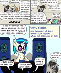 Size: 1000x1200 | Tagged: safe, artist:bjdazzle, derpibooru import, bon bon, derpy hooves, lyra heartstrings, octavia melody, sweetie drops, vinyl scratch, earth pony, pegasus, pony, unicorn, comic:accidental transit guardians, atg 2018, bowtie, box, chibi, comic, excited, female, help, lonely, mare, newbie artist training grounds, package, popular, profile, record, silhouette, speakers, turntable, vinyl the vampire