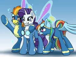 Size: 2000x1500 | Tagged: safe, artist:ohemo, derpibooru import, rainbow dash, rarity, spitfire, pegasus, pony, unicorn, atg 2018, blue background, butterfly wings, clothes, female, goggles, mare, newbie artist training grounds, side hug, simple background, trio, uniform, wonderbolts uniform