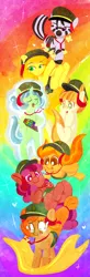 Size: 1108x3389 | Tagged: safe, artist:mt, derpibooru import, tag-a-long, oc, oc:berry munch, oc:do-si-do, oc:dulce deleche, oc:samoa, oc:savannah smile, oc:trefoil, butterfly, earth pony, pegasus, pony, unicorn, zebra, ask a filly scout, beauty mark, beret, braces, eyes closed, female, filly, filly guides, filly scouts, freckles, gift art, hat, open mouth, rainbow, septet, starry eyes, tears of fear, thin mint, wingding eyes, zebra oc