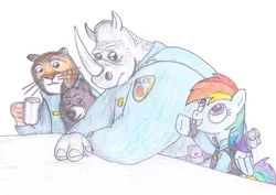 Size: 960x680 | Tagged: safe, artist:m.w., derpibooru import, rainbow dash, big cat, rhinoceros, tiger, wolf, crossover, cute, hoofbump, newbie artist training grounds, officer fangmeyer, officer mchorn, officer wolford, parody, police officer, zootopia