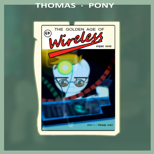 Size: 1400x1400 | Tagged: safe, artist:grapefruitface1, derpibooru import, oc, oc:thomas pony, ponified, pony, 80s, album cover, headlamp, new wave, science, solo, technology, the golden age of wireless, thomas dolby, thomas pony