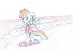 Size: 920x660 | Tagged: safe, artist:m.w., derpibooru import, rainbow dash, pony, awesome, back to the future, clothes, cosplay, costume, female, hoverboard, jacket, marty mcfly, parody, solo