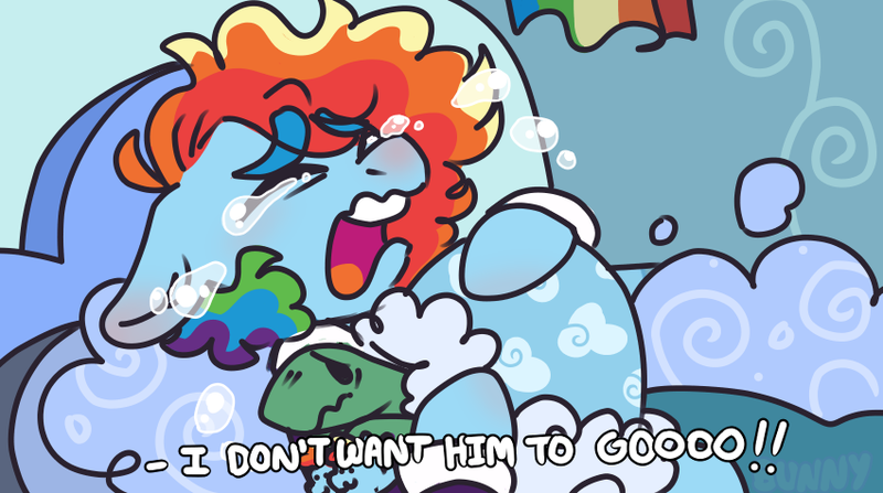 Size: 850x475 | Tagged: safe, artist:scenesonic, derpibooru import, rainbow dash, tank, pegasus, pony, tanks for the memories, bed, crying, dialogue, duo, eyes closed, female, floppy ears, mare, rainbow dash's house, scene interpretation