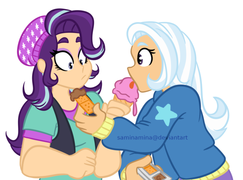 Size: 1024x758 | Tagged: safe, artist:saminamina, derpibooru import, starlight glimmer, trixie, human, crackers, female, food, humanized, ice cream, lesbian, peanut butter, peanut butter crackers, shipping, simple background, startrix, transparent background