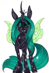 Size: 1590x2356 | Tagged: safe, artist:ponycide, derpibooru import, queen chrysalis, changeling, changeling queen, crown, fangs, female, jewelry, lidded eyes, regalia, solo, watercolor painting