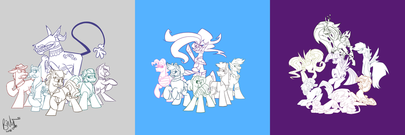 Size: 6000x2000 | Tagged: safe, artist:binkyt11, derpibooru import, ahuizotl, biff, blow dry, comb over, doctor caballeron, mane-iac, mean applejack, mean fluttershy, mean pinkie pie, mean rainbow dash, mean rarity, mean twilight sparkle, neon brush, pickpocket, queen chrysalis, quick trim, rogue (character), the conditioner, the unconditioner, withers, alicorn, earth pony, pegasus, pony, unicorn, the mean 6, absurd resolution, angry, atg 2018, barbershop squad, bored, cheeselegs, clone, clones, cowboy hat, crown, female, flying, hand, hat, henchmen, hissing, implied middle finger, jewelry, looking at you, male, mare, medibang paint, necklace, newbie artist training grounds, pouting, prehensile mane, prehensile tail, regalia, rings of scorchero, scared, scooting, sketch, stallion, stetson, stubble, wip
