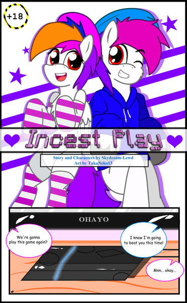 Size: 2000x3234 | Tagged: suggestive, artist:takaneko13, derpibooru import, oc, unofficial characters only, pegasus, pony, clothes, comic, comic cover, cute, hat, incest, socks, striped socks, stripes, sweater