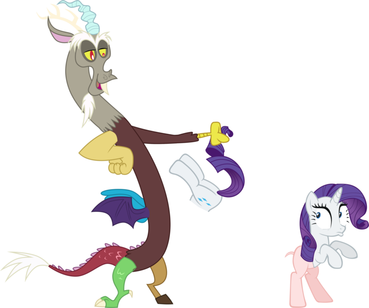 Size: 2298x1920 | Tagged: safe, artist:fabulouspony, artist:really-unimportant, artist:slb94, artist:wolfie-blitz, derpibooru import, edit, editor:slayerbvc, vector edit, discord, rarity, draconequus, unicorn, assisted exposure, bipedal, bottomless, cartoon physics, discord being discord, female, furless edit, holding, looking back, male, mare, partial nudity, partial nudity edit, plot, shaved tail, simple background, transparent background, vector, wide eyes