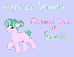 Size: 2893x2229 | Tagged: safe, artist:jolliapplegirl, derpibooru import, oc, oc:aventurine shimmer, unicorn, bio, blank flank, female, filly, next generation, parent:diamond tiara, parent:snails, parents:diamondsnail, solo