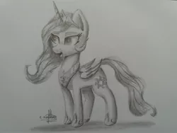 Size: 4128x3096 | Tagged: safe, artist:ironbeastz, derpibooru import, princess celestia, alicorn, pony, chibi, female, folded wings, mare, monochrome, solo, traditional art