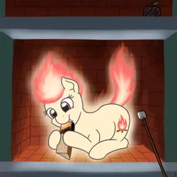 Size: 1280x1280 | Tagged: safe, artist:mkogwheel, derpibooru import, oc, oc:yule log, ponified, fire pony, object pony, original species, pony, ponyta, badumsquish approved, fire, fire tail, fireplace, firewood, food, mane of fire, marshmallow, nom, solo, stick, walking campfire, wood