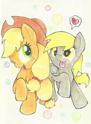 Size: 530x720 | Tagged: artist needed, safe, derpibooru import, applejack, derpy hooves, earth pony, pegasus, pony, abstract background, cute, derpyjack, female, heart, lesbian, mare, one eye closed, raised hoof, shipping, smiling, speech bubble, tongue out, traditional art, wink
