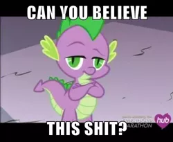 Size: 500x409 | Tagged: crossed arms, derpibooru import, dragon, edit, edited screencap, hub logo, image macro, looking at you, male, meme, reaction image, safe, screencap, simple ways, solo, spike, the hub, unamused, vulgar