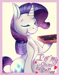 Size: 500x640 | Tagged: safe, artist:cappydarn, derpibooru import, rarity, pony, unicorn, arrogant, border, box of chocolates, chocolate, eating, eyes closed, female, food, heart, holding, holiday, hoof hold, mare, simple background, solo, text, valentine, valentine's day, white background