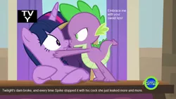 Size: 854x480 | Tagged: suggestive, derpibooru import, edit, edited screencap, screencap, spike, twilight sparkle, twilight sparkle (alicorn), alicorn, school daze, caption, dialogue, discovery family logo, female, implied sex, kissing, male, shipping, straight, text, twispike