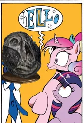 Size: 388x567 | Tagged: safe, derpibooru import, edit, princess cadance, shining armor, twilight sparkle, alicorn, unicorn, spoiler:comic, spoiler:comic11, carving, dark souls, dishevelled, exploitable meme, female, male, mare, meme, obligatory pony, screaming armor, stallion