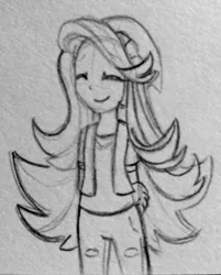 Size: 1030x1280 | Tagged: safe, artist:chautung, derpibooru import, starlight glimmer, equestria girls, mirror magic, spoiler:eqg specials, beanie, clothes, eyes closed, hat, monochrome, pencil drawing, ripped pants, shirt, smiling, solo, traditional art, vest