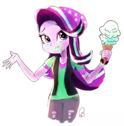 Size: 1667x1686 | Tagged: safe, artist:rado, derpibooru import, starlight glimmer, equestria girls, mirror magic, spoiler:eqg specials, beanie, clothes, cute, female, food, glimmerbetes, hat, ice cream, image, messy eating, png, ripped pants, shirt, solo, that human sure does love ice cream, vest