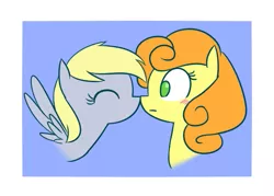 Size: 623x446 | Tagged: safe, anonymous artist, derpibooru import, carrot top, derpy hooves, golden harvest, earth pony, pegasus, pony, blushing, bust, cute, derpytop, eyes closed, female, lesbian, mare, shipping, simple background