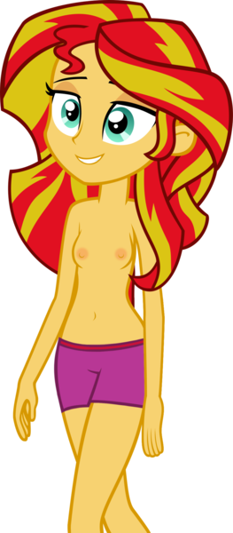 Size: 1024x2335 | Tagged: questionable, artist:mkovic, derpibooru import, edit, edited edit, editor:slayerbvc, vector edit, sunset shimmer, equestria girls, alternate costumes, belly button, breasts, clothes, delicious flat chest, female, nipples, nudity, pajamas, partial nudity, partial nudity edit, shorts, show accurate, simple background, solo, solo female, sunflat shimmer, topless, transparent background, vector