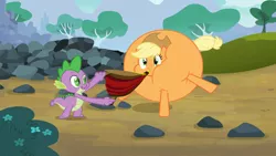 Size: 1280x720 | Tagged: safe, derpibooru import, screencap, applejack, spike, dragon, earth pony, pony, spike at your service, bellows, cartoon physics, female, inflation, male, mare, puffy cheeks