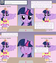 Size: 1280x1444 | Tagged: safe, artist:hakunohamikage, derpibooru import, twilight sparkle, twilight sparkle (alicorn), alicorn, pony, ask-princesssparkle, april fools, ask, big crown thingy, clothes, coronation dress, dress, jewelry, regalia, solo, tumblr