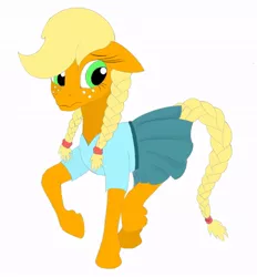 Size: 690x744 | Tagged: safe, artist:the-fox-experiment, derpibooru import, applejack, pony, alternate hairstyle, braid, braided pigtails, clothes, cute, female, freckles, jackabetes, mare, pigtails, pleated skirt, skirt
