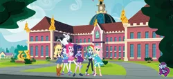 Size: 3840x1756 | Tagged: safe, artist:spike fancy, derpibooru import, applejack, fluttershy, pinkie pie, rainbow dash, rarity, sci-twi, twilight sparkle, equestria girls, equestria girls series, boots, canterlot high, clothes, cowboy hat, denim skirt, equestria girls logo, fashion photo booth, feet, female, geode of fauna, geode of shielding, geode of sugar bombs, geode of super speed, geode of telekinesis, glasses, hat, high heels, humane six, looking at you, magical geodes, one eye closed, pants, pantyhose, ponytail, sandals, shoes, skirt, smiling, sneakers, stetson, wink