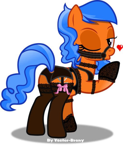 Size: 5648x6615 | Tagged: suggestive, artist:vector-brony, derpibooru import, oc, oc:secret dreamer, pony, absurd resolution, black underwear, bra, bra on pony, bridle, clothes, female, heart, mare, one eye closed, panties, simple background, solo, solo female, stockings, tack, thigh highs, transparent background, underwear, vector, wink